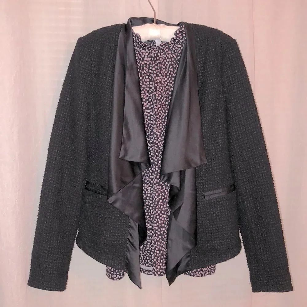 Simply Vera M Boucle Tweed Satin Details Black Open Front Waterfall Jacket